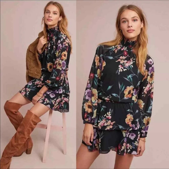 Yumi Kim Class Act Long Sleeve Floral Mock Neck Ruffle Mini Dress Black XS NWT - Picture 3 of 15